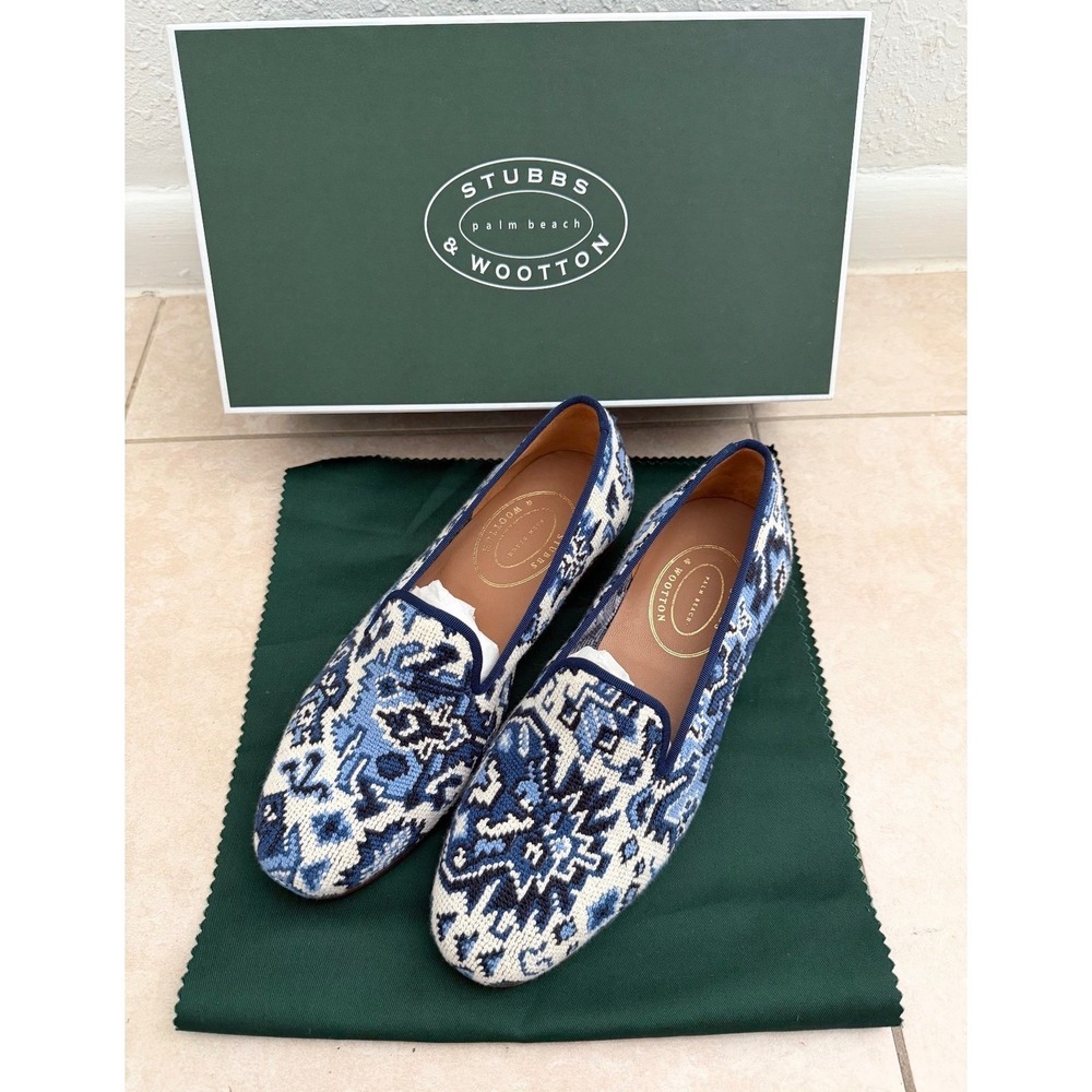 Stubbs & Wootton Men Blue Needlepoint Loafers Size 9 Made in Spain Slipper Shoes